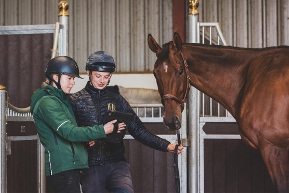 Two horseback riders wearing helmets stand inside a stable while looking at a tablet together beside a brown horse