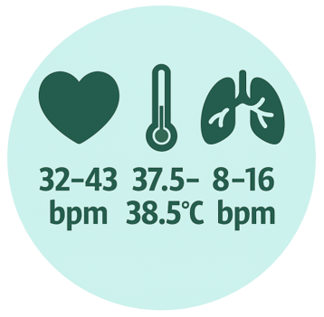 Graphic showing normal horse vital signs with heart rate 32–43 bpm, temperature 37.5–38.5°C, and respiratory rate 8–16 bpm