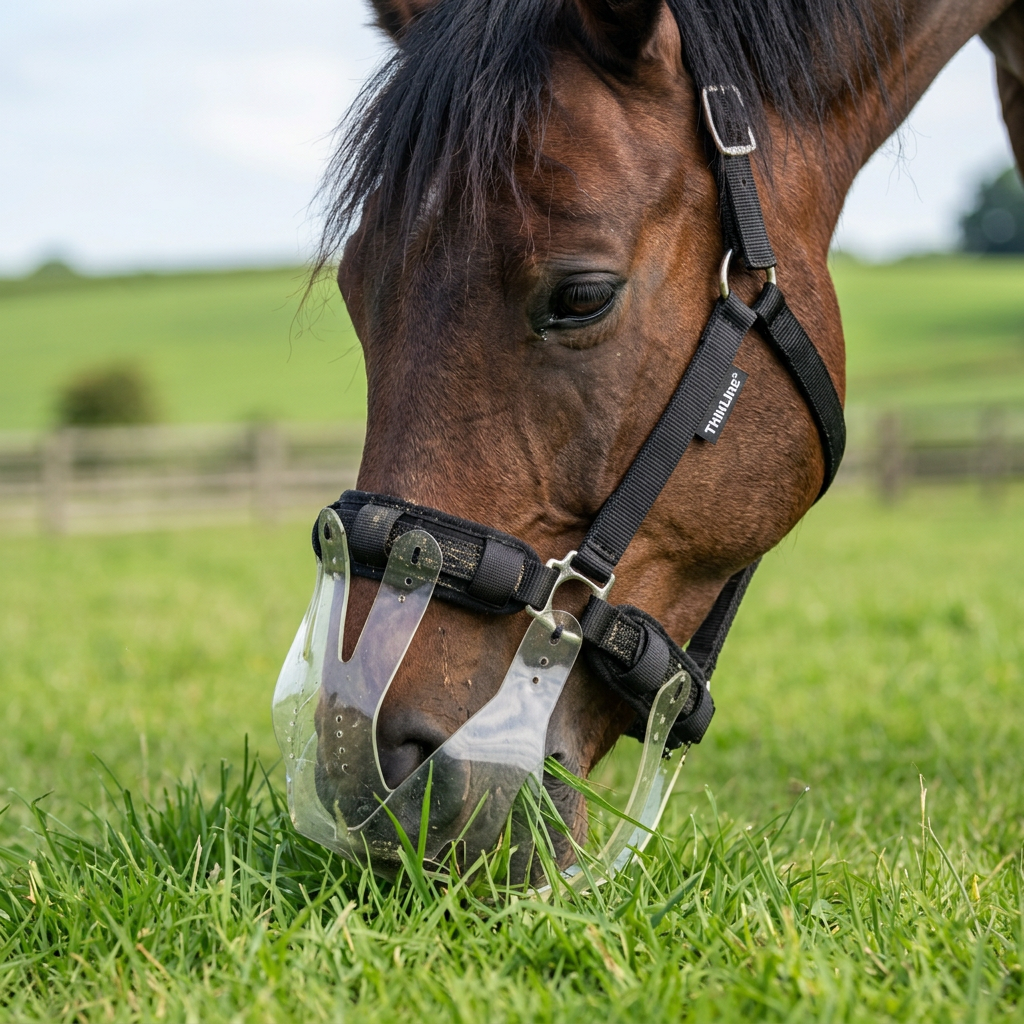 Horse wearing a grazing muzzle while grazing on pasture, illustrating controlled grass intake for laminitis management.”