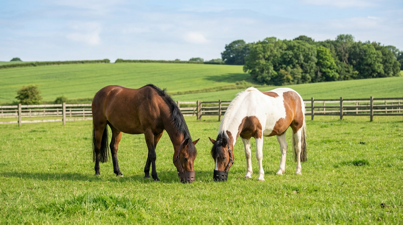 Two horses wearing grazing muzzles in a pasture, demonstrating restricted grass intake for laminitis‑prone horses