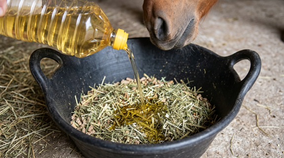 adding oil to horse feed